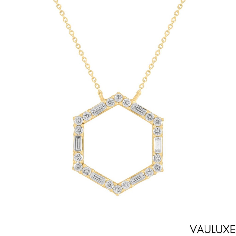 Luxury 18k Yellow Gold Hexagon Round & Baguette Diamond Pendant Stunning Italian